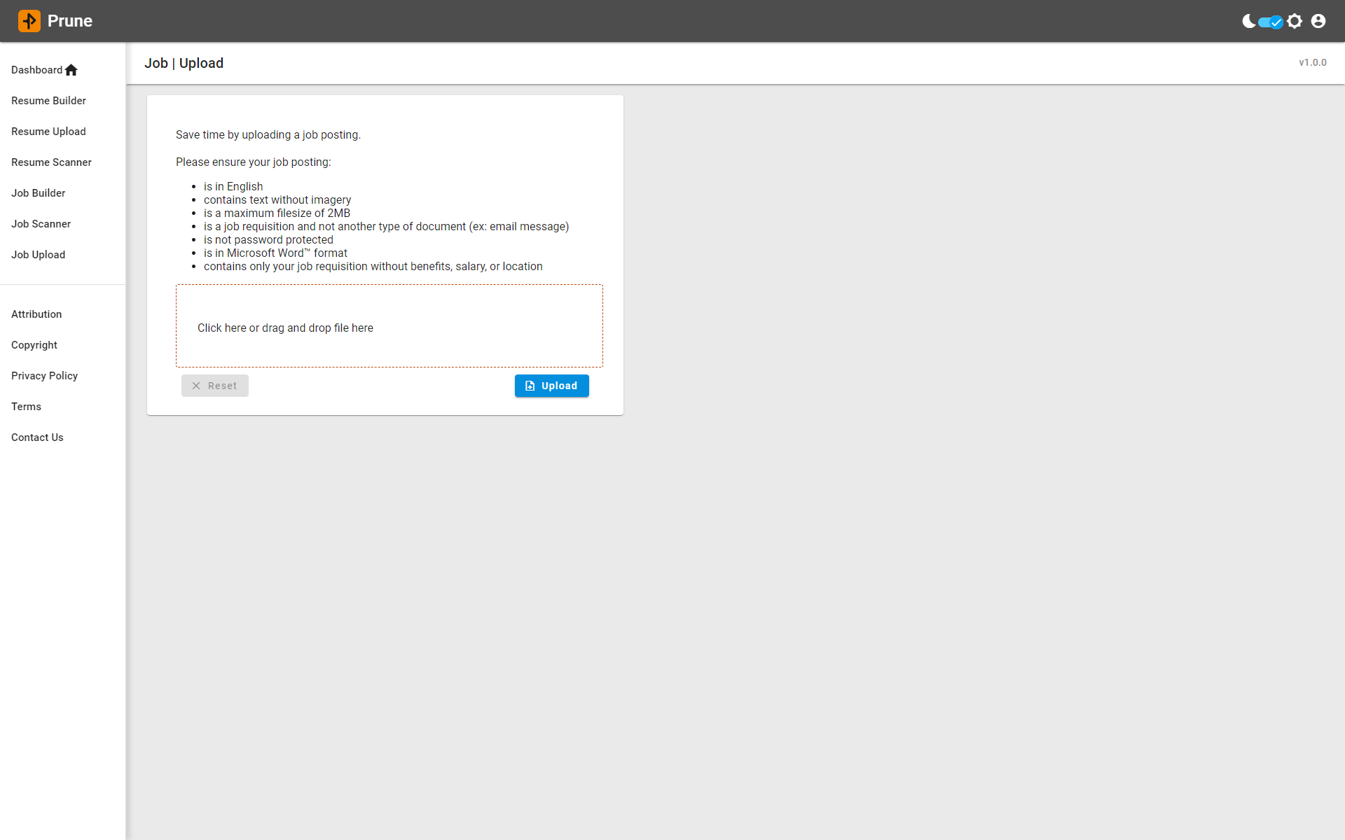 resume optimization job upload page screenshot
