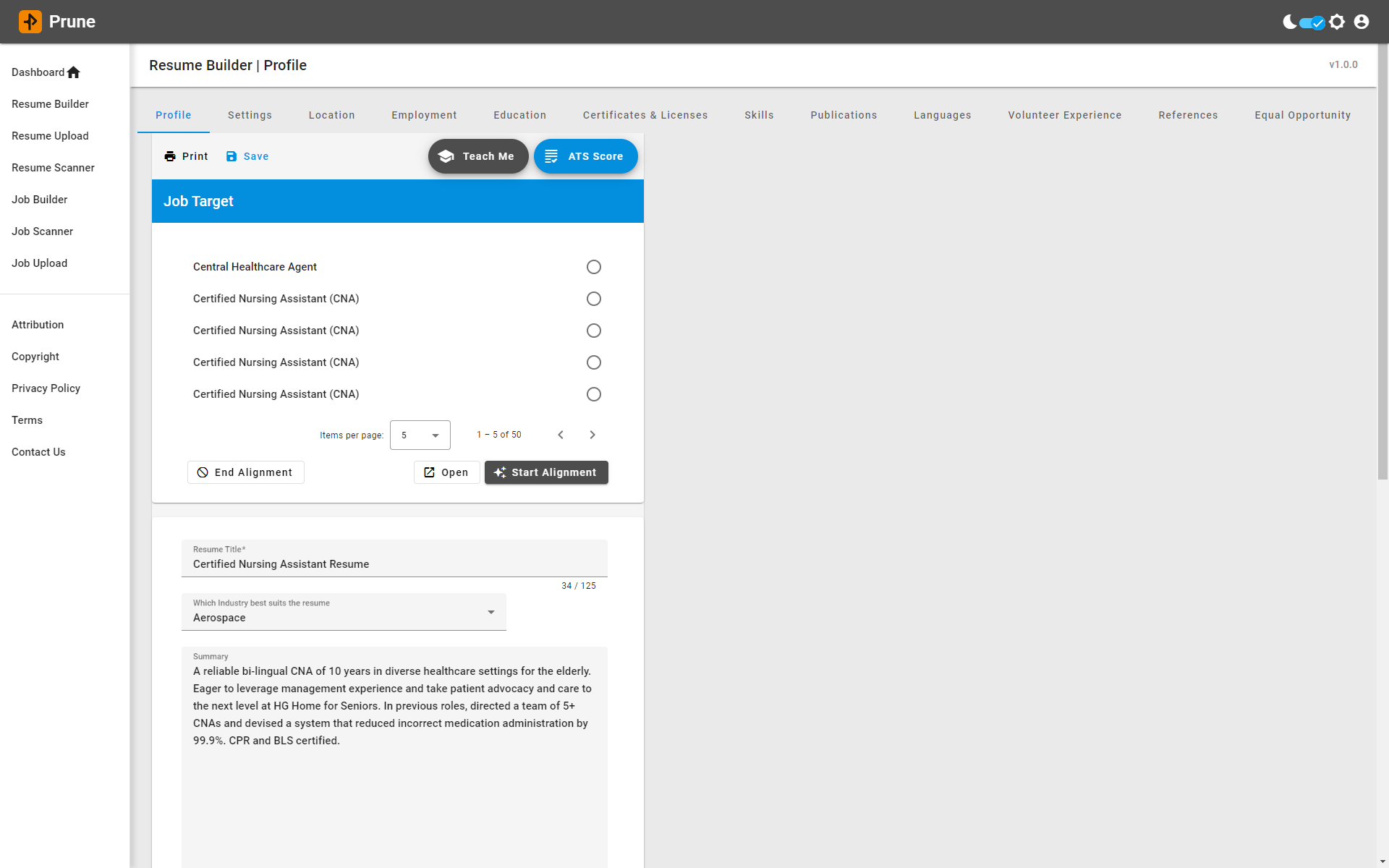 resume optimization profile page screenshot