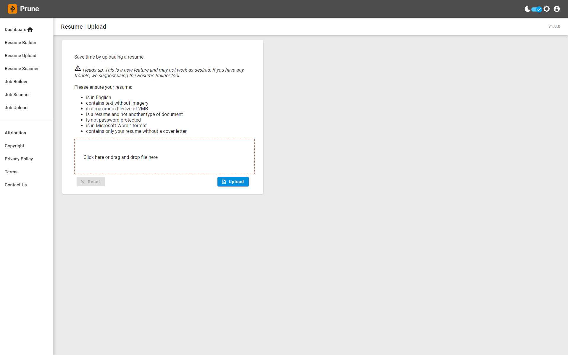 resume optimization resume upload page screenshot